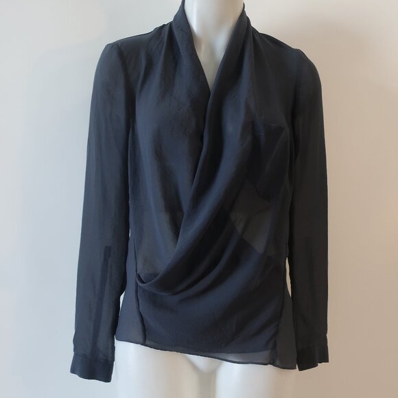 Women Helmut Lang Navy Blue Chest Pocket Surplice V-Neck Blouse Top P US/XS - Picture 1 of 12
